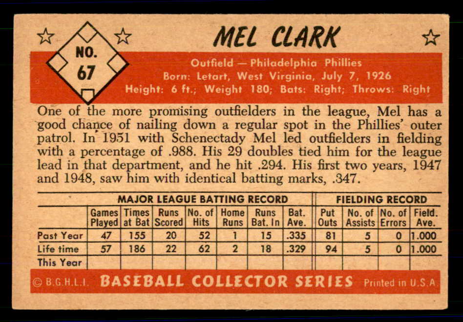 1953 Bowman Color Baseball #067 Mel Clark Phillies EX-MT 558925