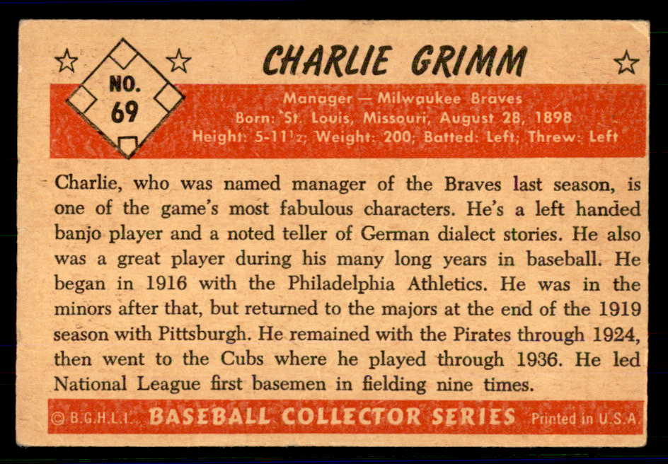 1953 Bowman Color Baseball #069 Charlie Grimm Braves VG-EX 558927