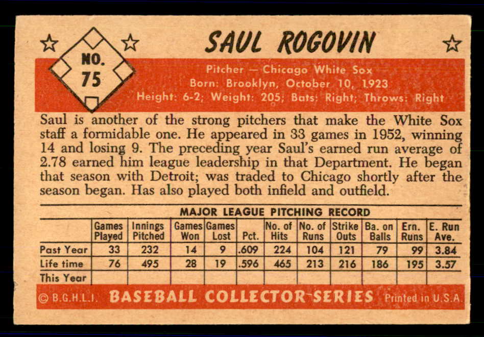 1953 Bowman Color Baseball #075 Saul Rogovin White Sox VG-EX 558936