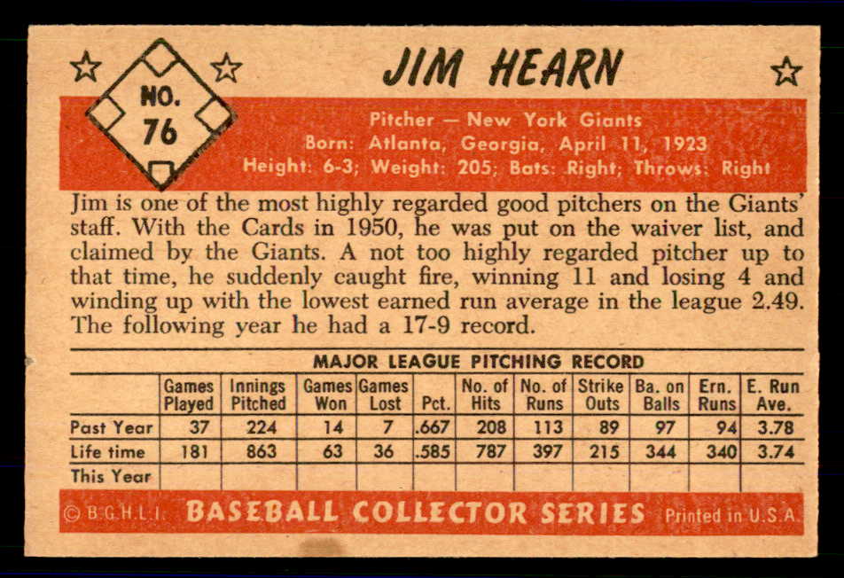 1953 Bowman Color Baseball #076 Jim Hearn Giants EX-MT 558937