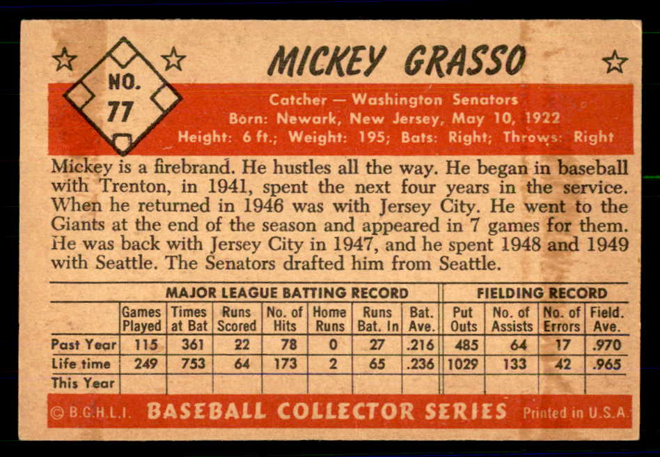 1953 Bowman Color Baseball #077 Mickey Grasso Senators EX-MT 558939