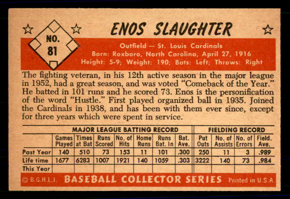 1953 Bowman Color Baseball #081 Enos Slaughter Cardinals EX-MT 558943
