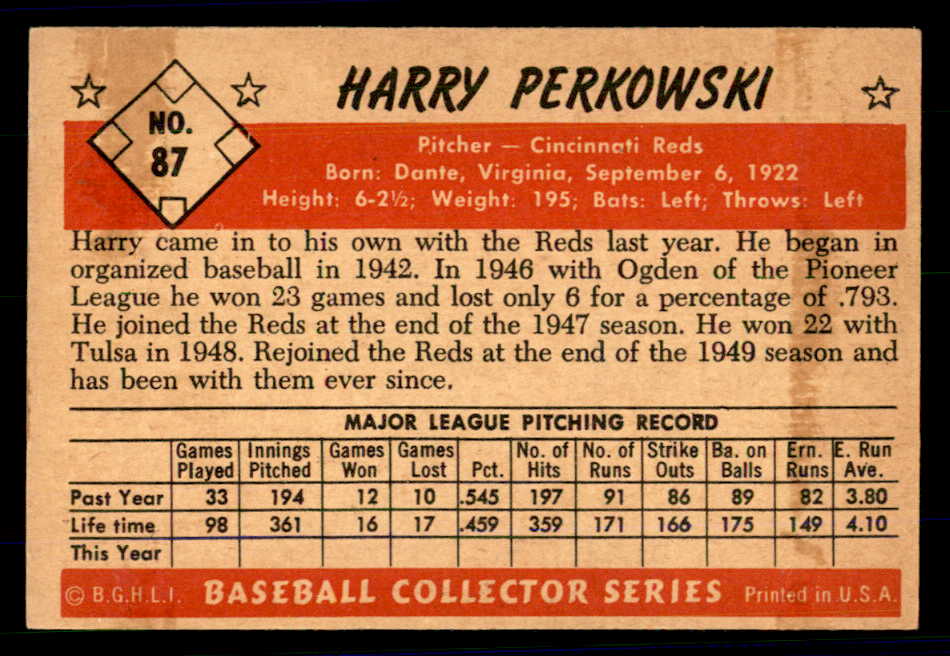 1953 Bowman Color Baseball #087 Harry Perkowski Reds EX-MT 558949