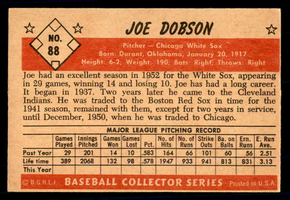 1953 Bowman Color Baseball #088 Joe Dobson White Sox VG-EX 558951