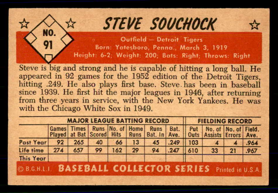 1953 Bowman Color Baseball #091 Steve Souchock Tigers EX-MT 558953