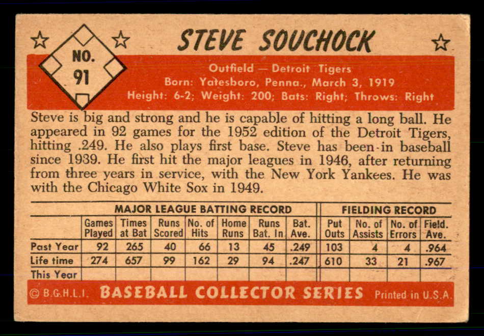 1953 Bowman Color Baseball #091 Steve Souchock Tigers VG 558954