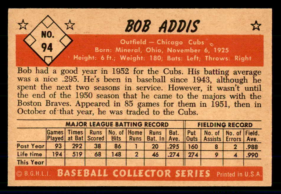 1953 Bowman Color Baseball #094 Bob Addis Cubs EX-MT 558956