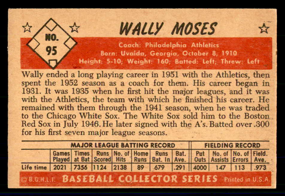 1953 Bowman Color Baseball #095 Wally Moses A's EX 558957