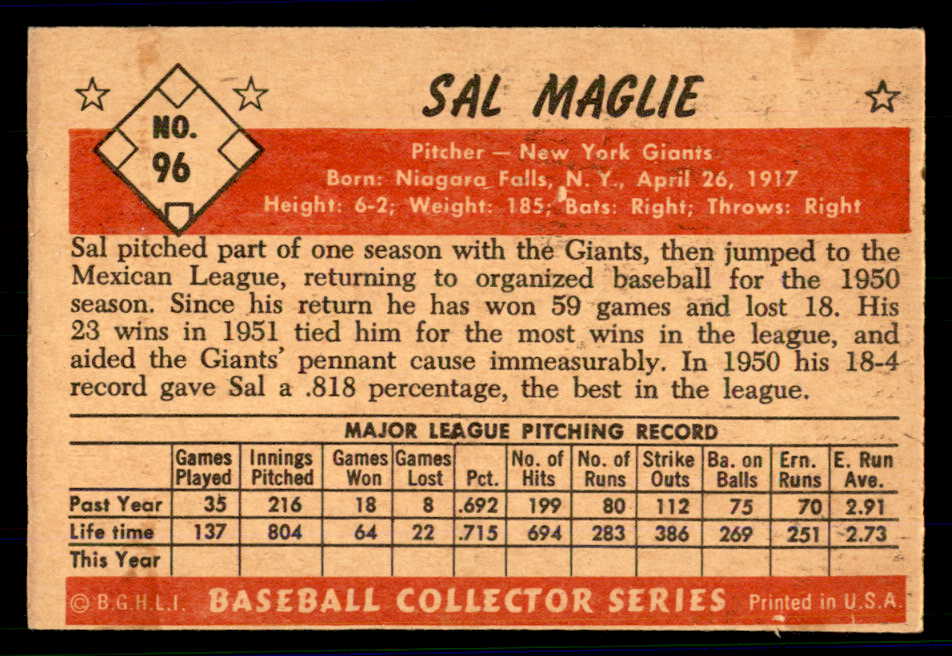 1953 Bowman Color Baseball #096 Sal Maglie Giants EX 558959