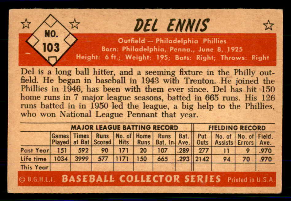 1953 Bowman Color Baseball #103 Del Ennis Phillies EX-MT 558962