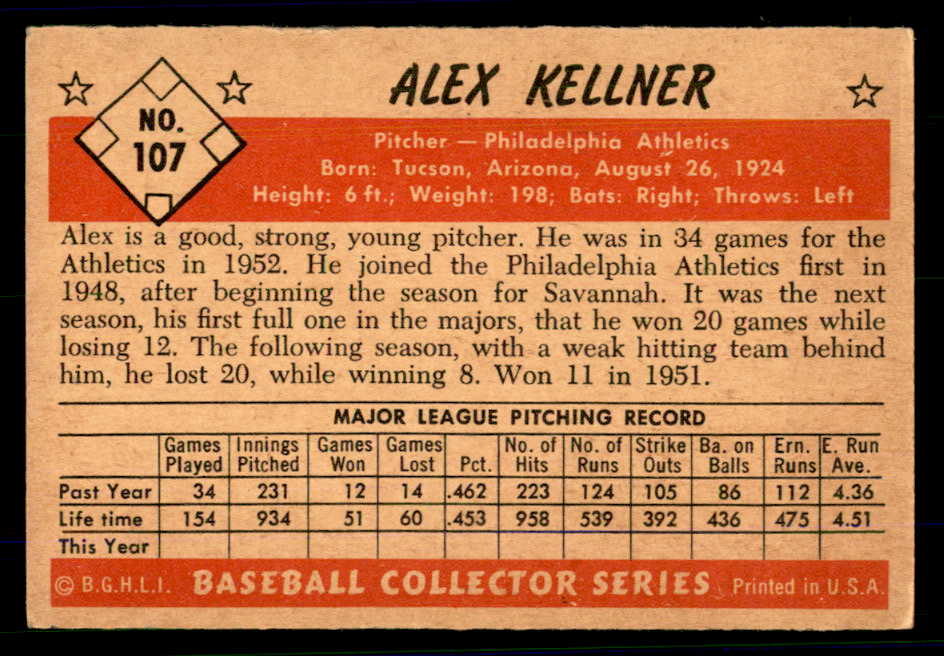 1953 Bowman Color Baseball #107 Alex Kellner A's EX 558966