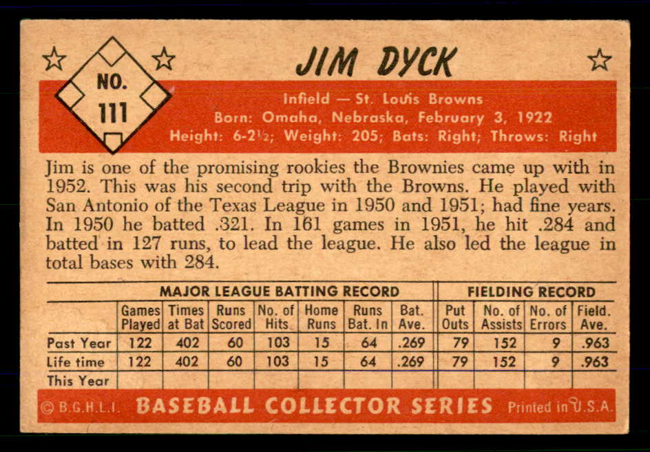 1953 Bowman Color Baseball #111 Jim Dyck Browns VG-EX 558971