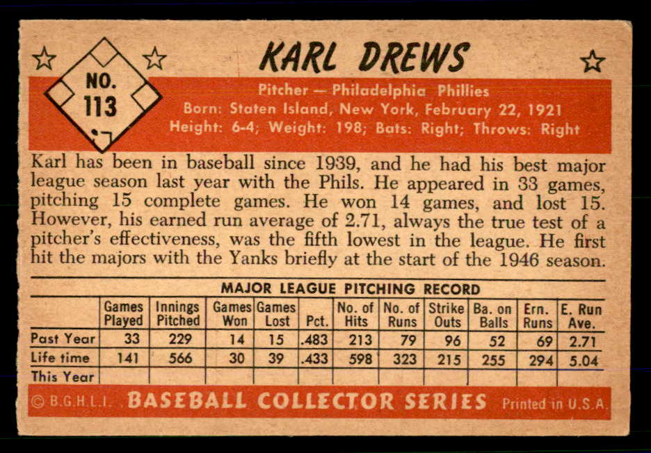 1953 Bowman Color Baseball #113 Karl Drews Phillies EX-MT 558972