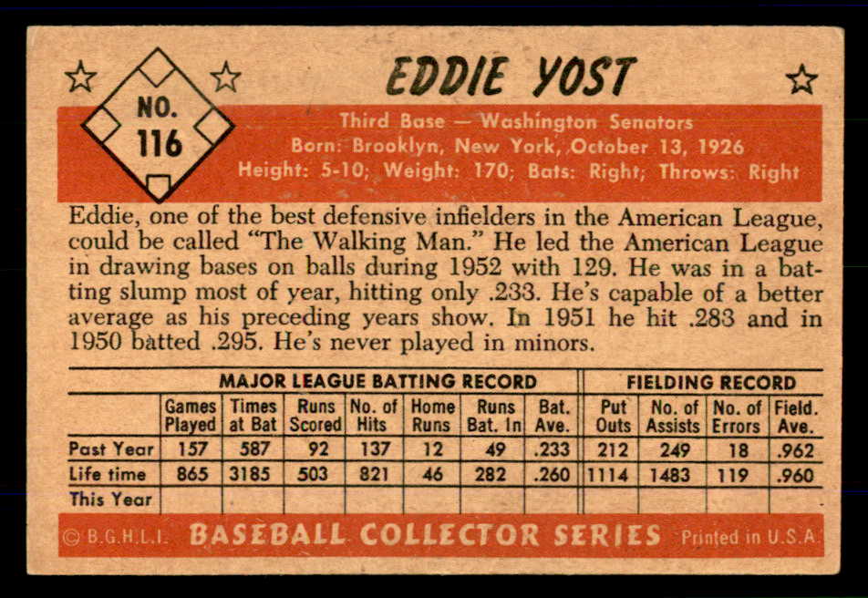 1953 Bowman Color Baseball #116 Eddie Yost Senators EX 558974