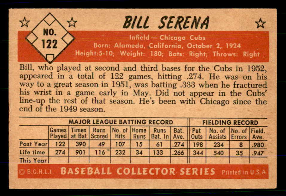 1953 Bowman Color Baseball #122 Bill Serena Cubs EX-MT 558978