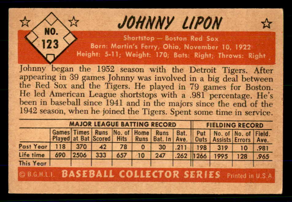 1953 Bowman Color Baseball #123 Johnny Lipon Red Sox EX-MT 558980