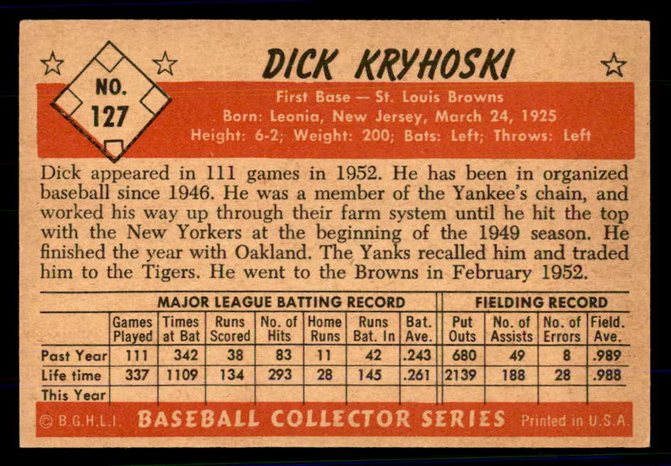 1953 Bowman Color Baseball #127 Dick Kryhoski Browns EX-MT 558984