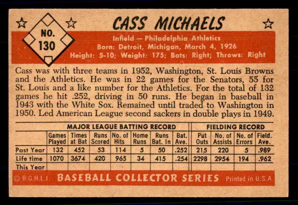 1953 Bowman Color Baseball #130 Cass Michaels A's EX-MT 558988