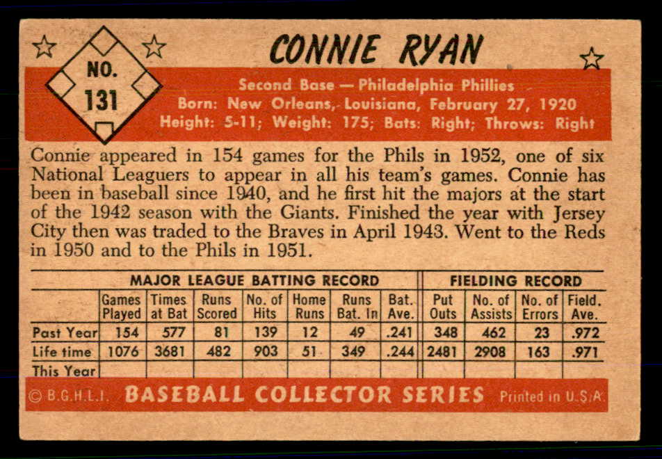 1953 Bowman Color Baseball #131 Connie Ryan Phillies EX-MT 558989