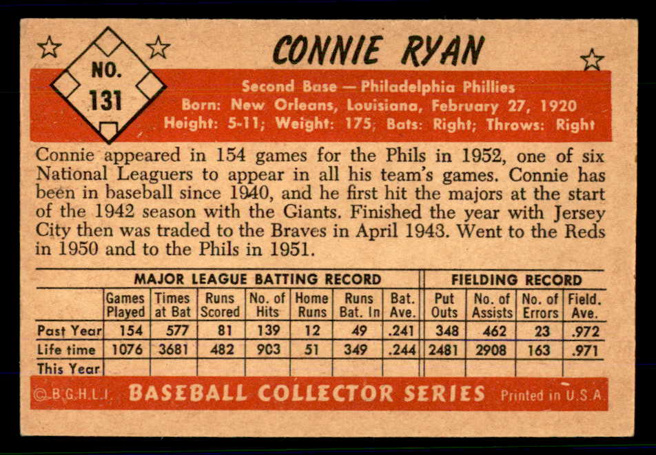 1953 Bowman Color Baseball #131 Connie Ryan Phillies VG-EX 558990