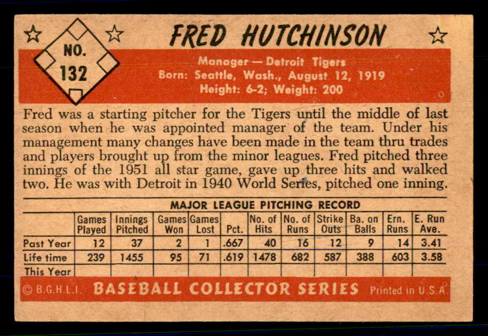 1953 Bowman Color Baseball #132 Fred Hutchinson Tigers EX-MT 558991