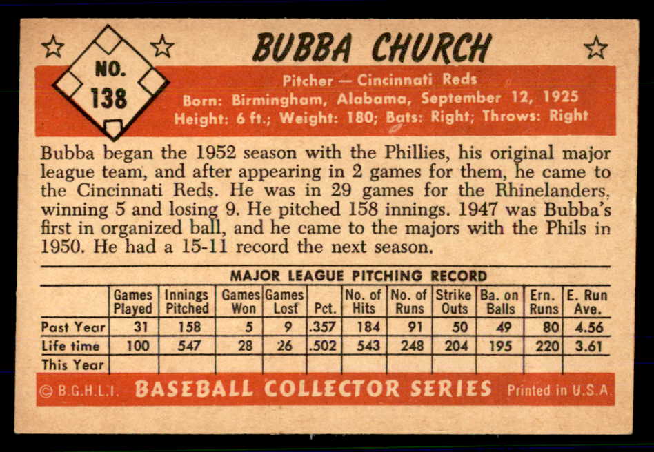 1953 Bowman Color Baseball #138 Bubba Church Reds EX-MT 558997