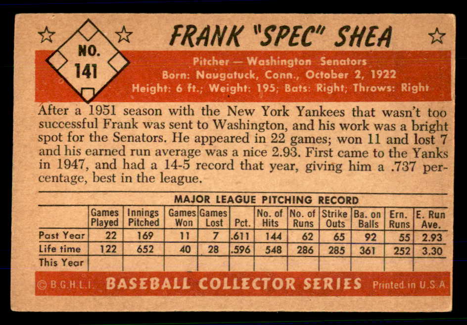 1953 Bowman Color Baseball #141 Frank Shea Senators VG-EX 559000