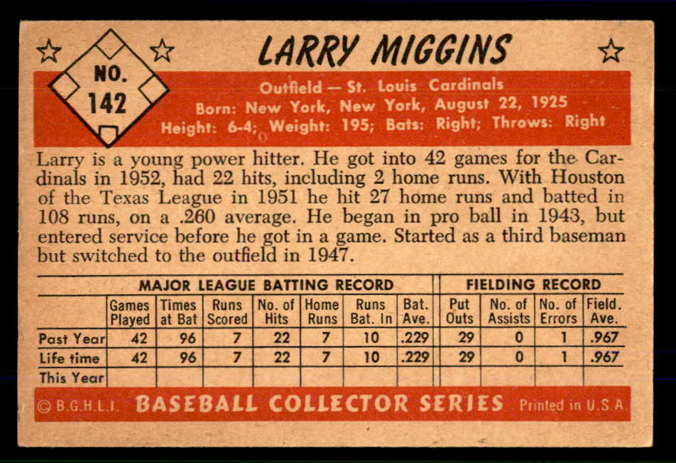 1953 Bowman Color Baseball #142 Larry Miggins Cardinals EX 559001