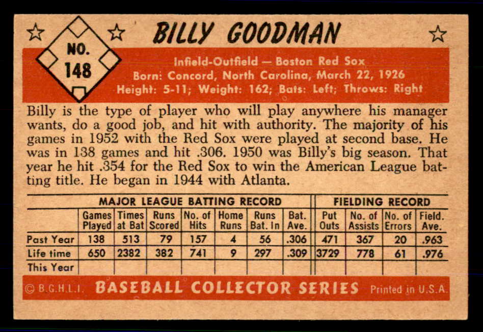 1953 Bowman Color Baseball #148 Billy Goodman Red Sox EX-MT 559006