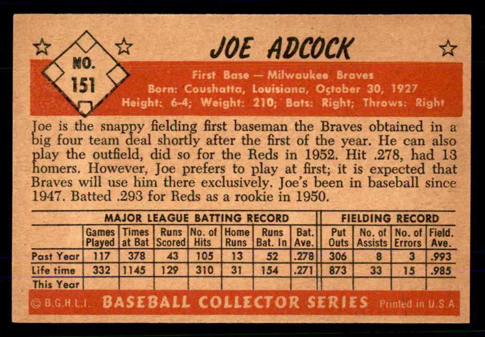 1953 Bowman Color Baseball #151 Joe Adcock Braves EX 559013