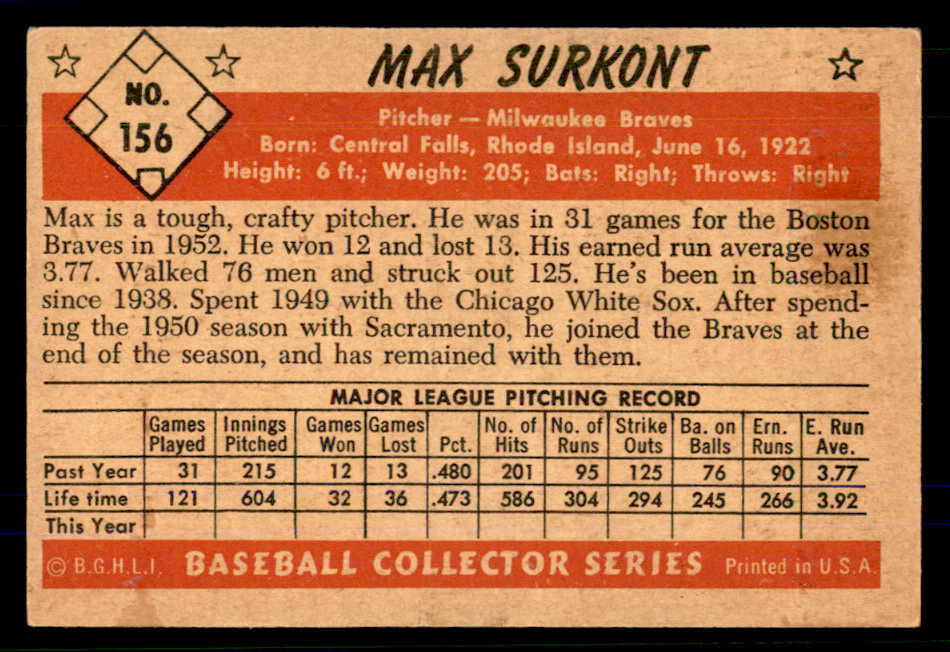 1953 Bowman Color Baseball #156 Max Surkont Braves EX-MT 559019