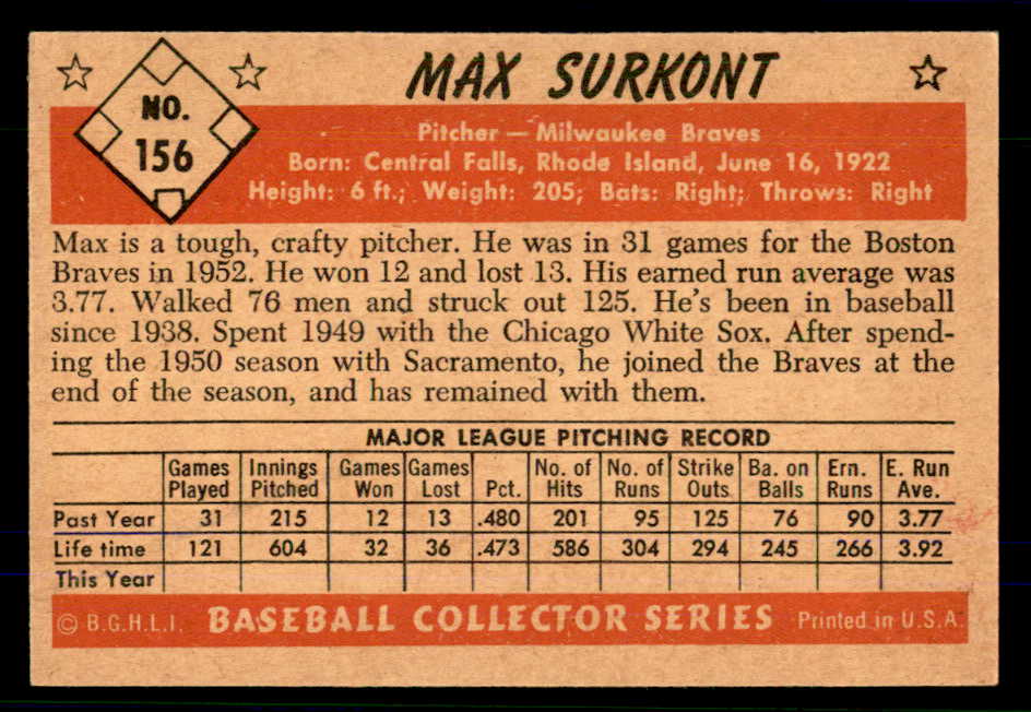 1953 Bowman Color Baseball #156 Max Surkont Braves VG-EX 559020