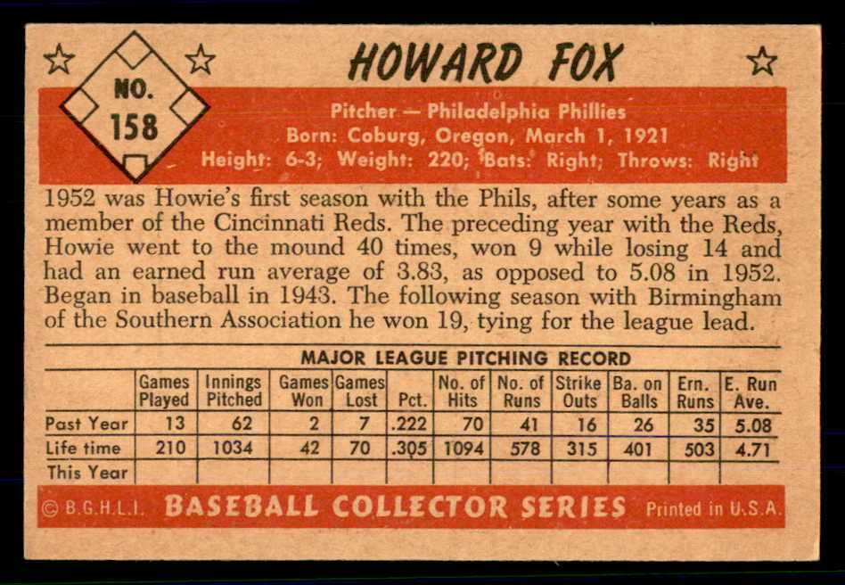 1953 Bowman Color Baseball #158 Howie Fox Phillies EX-MT 559022