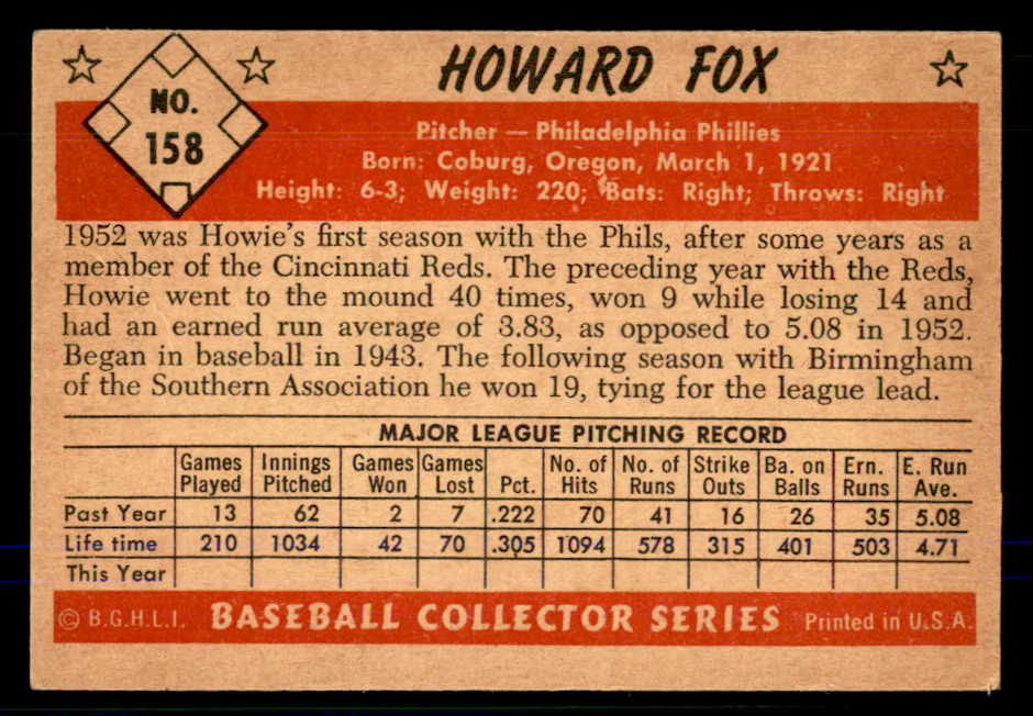 1953 Bowman Color Baseball #158 Howie Fox Phillies EX-MT 559023