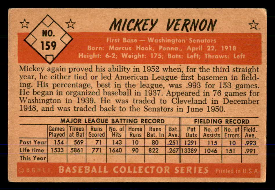 1953 Bowman Color Baseball #159 Mickey Vernon Senators VG-EX 559025