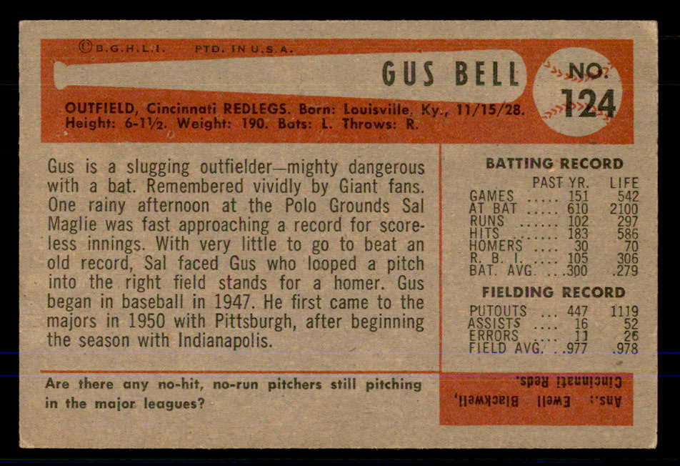 1954 Bowman Baseball #124 Gus Bell Reds VG-EX 559032