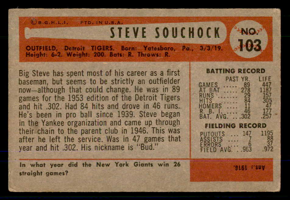 1954 Bowman Baseball #103 Steve Souchock Tigers VG-EX 559034