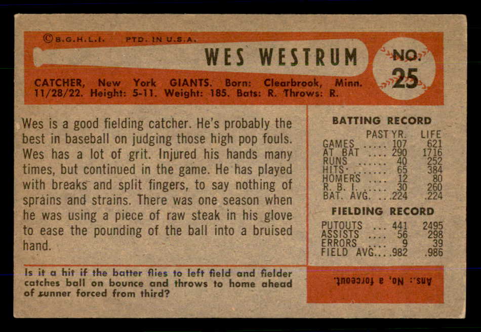 1954 Bowman Baseball #025 Wes Westrum Giants VG-EX 559037