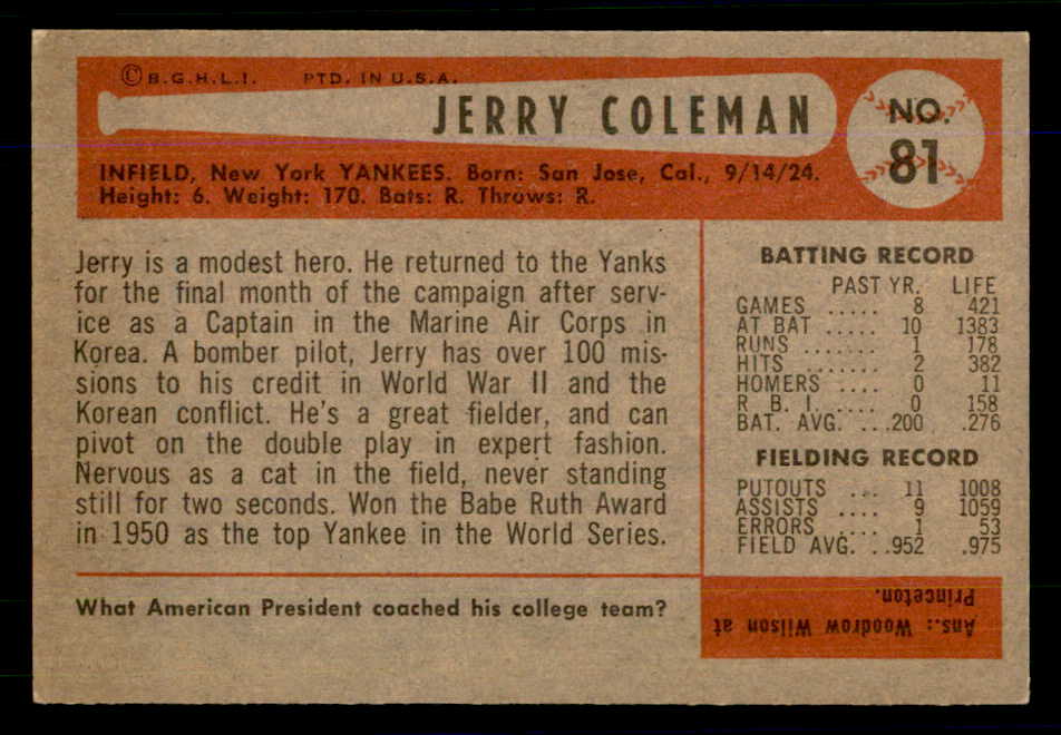 1954 Bowman Baseball #081 Jerry Coleman Yankees EX-MT 559040