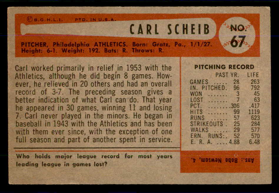 1954 Bowman Baseball #067 Carl Scheib A's EX-MT 559049