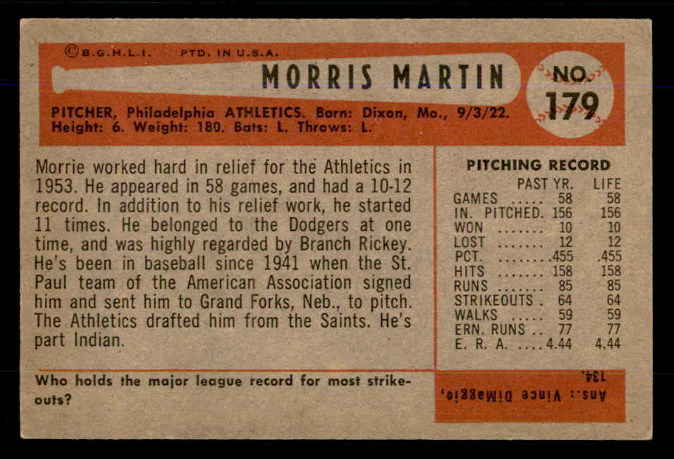 1954 Bowman Baseball #179 Morrie Martin A's EX-MT 559055