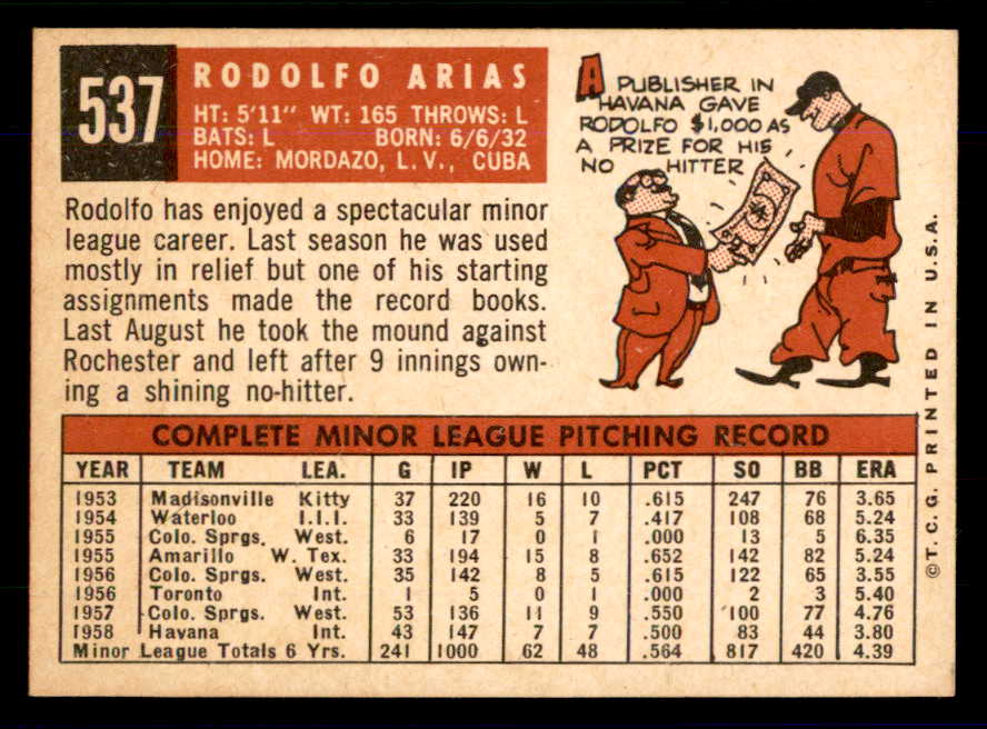 1959 Topps Baseball #537 Rodolfo Arias White Sox EX-MT 559060