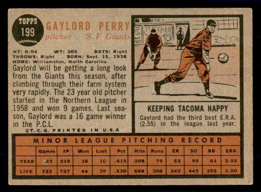 1962 Topps Baseball #199 Gaylord Perry Giants VG/VG-EX 559066