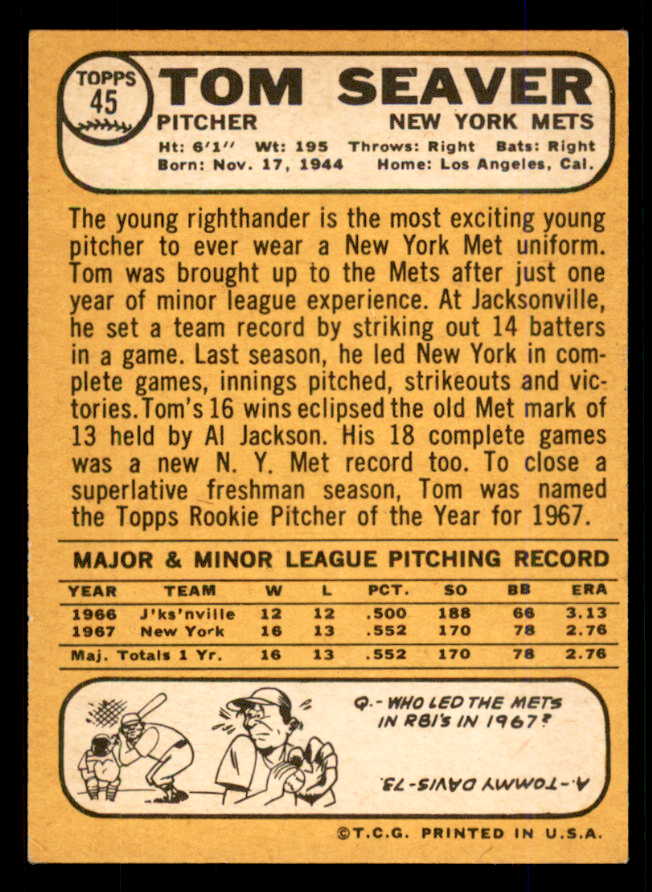 1968 Topps Baseball #045 Tom Seaver Mets EX-MT 559078