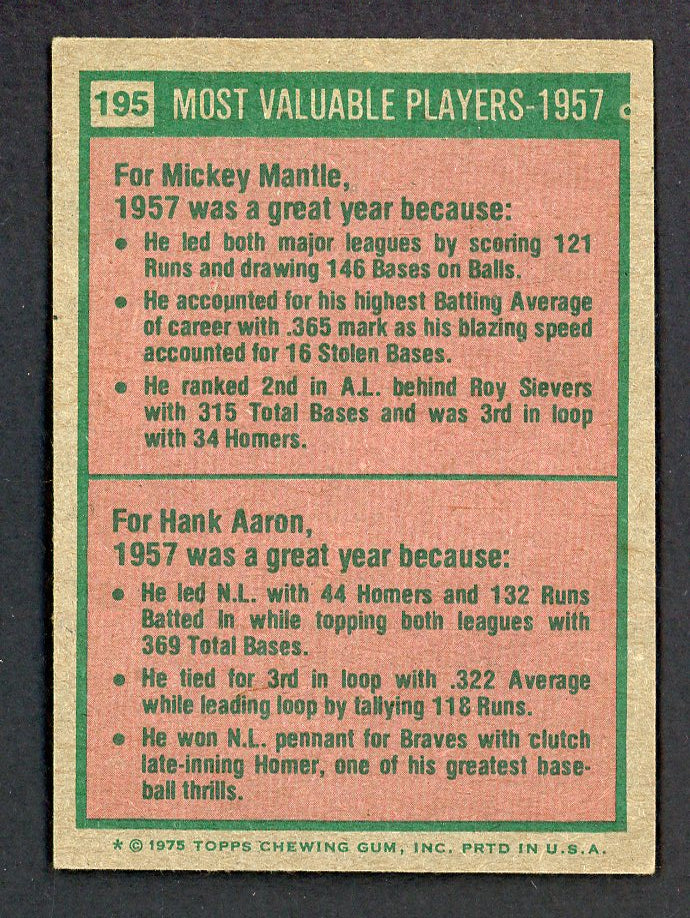 1975 Topps Baseball #195 Mickey Mantle Hank Aaron EX 559085