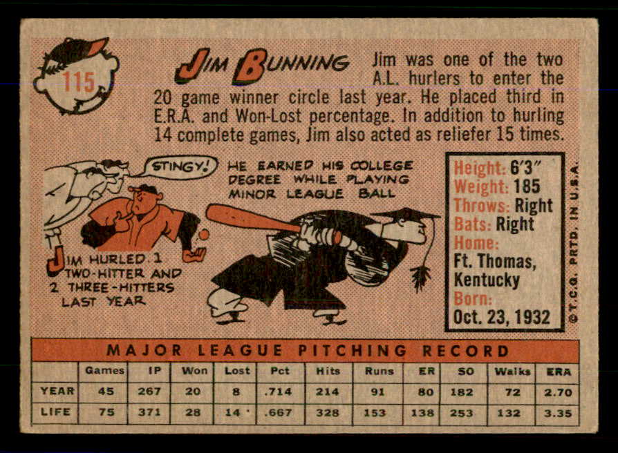 1958 Topps Baseball #115 Jim Bunning Tigers VG-EX 559104