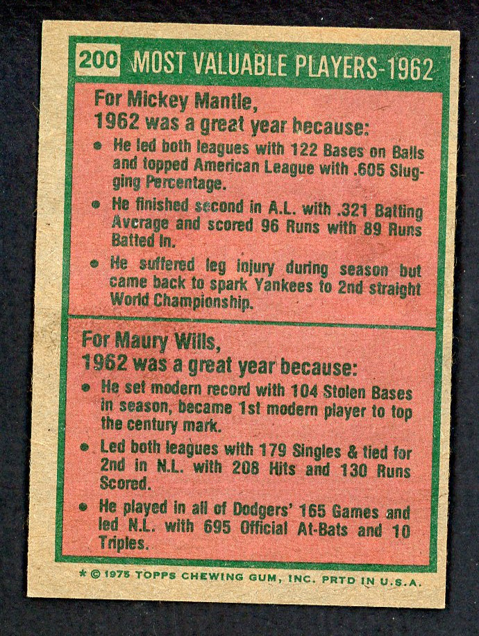 1975 Topps Baseball #200 Mickey Mantle Maury Wills EX-MT 559110