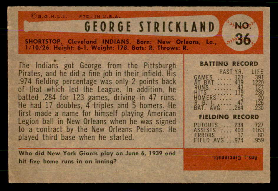 1954 Bowman Baseball #036 George Strickland Indians EX-MT 559148