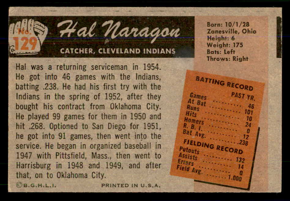 1955 Bowman Baseball #129 Hal Naragon Indians EX 559152