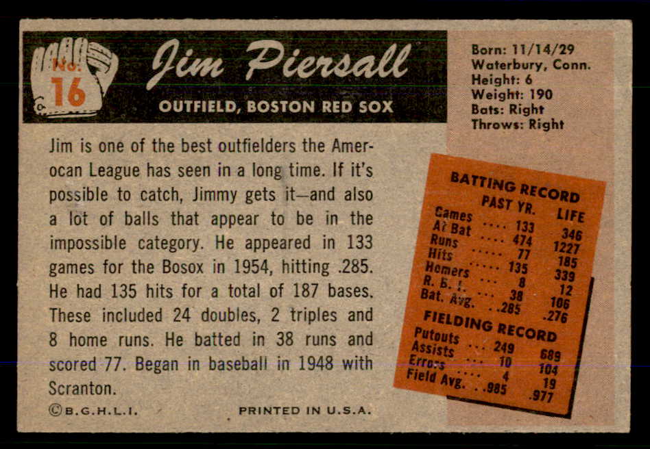 1955 Bowman Baseball #016 Jimmy Piersall Red Sox EX-MT 559158